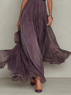 Flavia • Vestito lungo viola con scollo a chiave, bordo in pizzo di chiffon